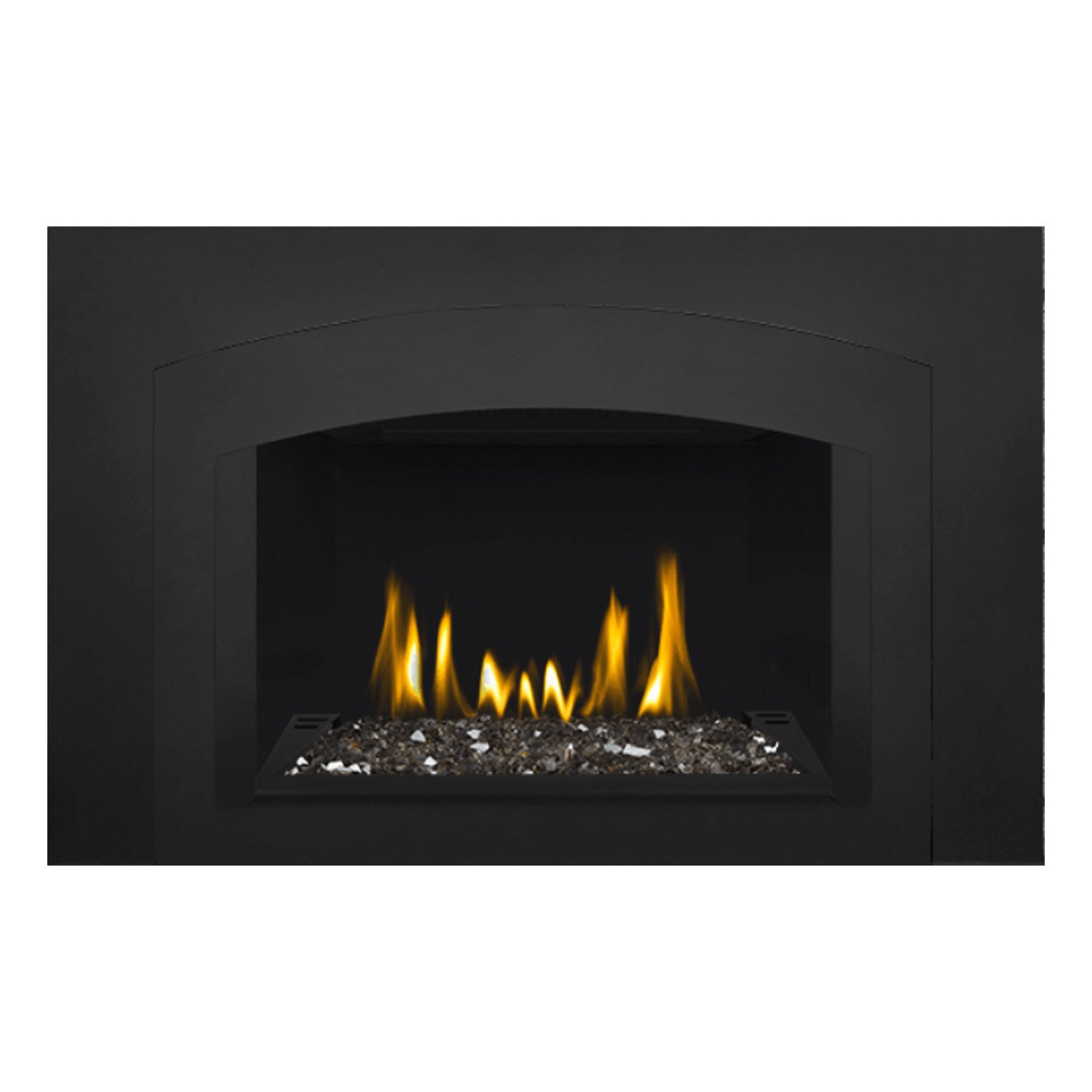Direct vent gas fireplace insert with glass front, ember bed and glowing flames