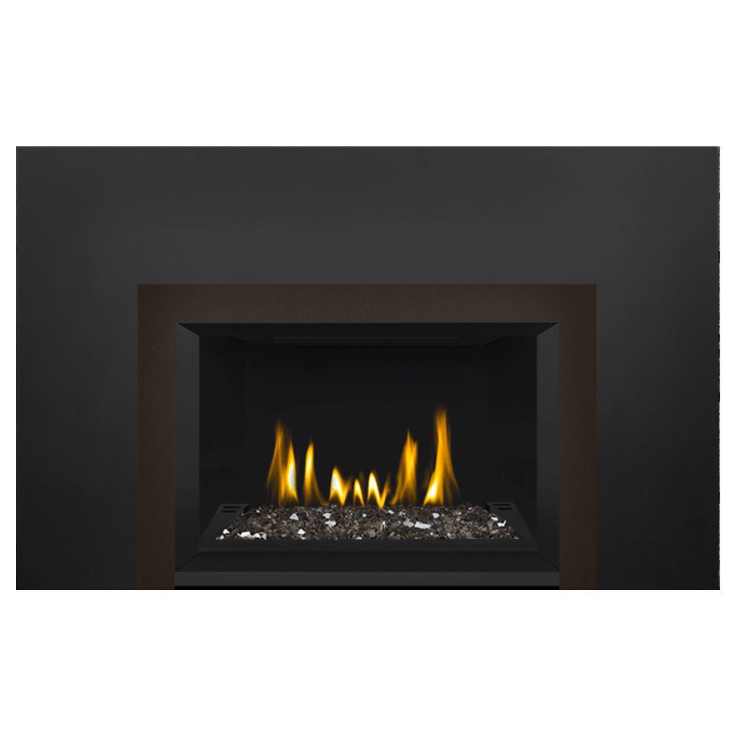 Direct vent gas fireplace insert with glass ember bed and glowing flames, light gray surround