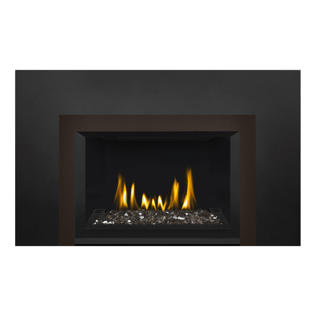 Direct vent gas fireplace insert with glass ember bed and glowing flames, brown surround