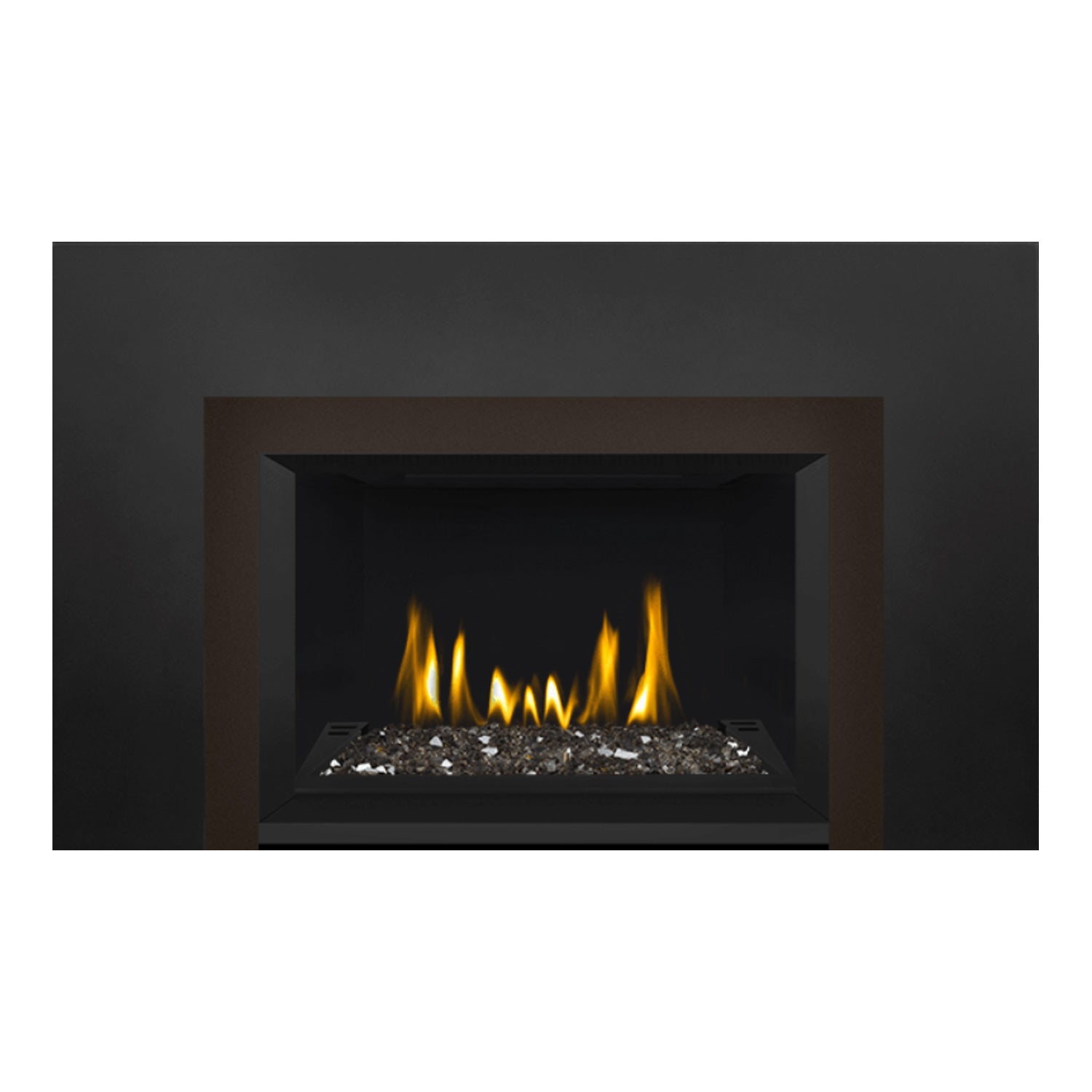 Direct vent gas fireplace insert with glass ember bed and glowing flames, brown surround