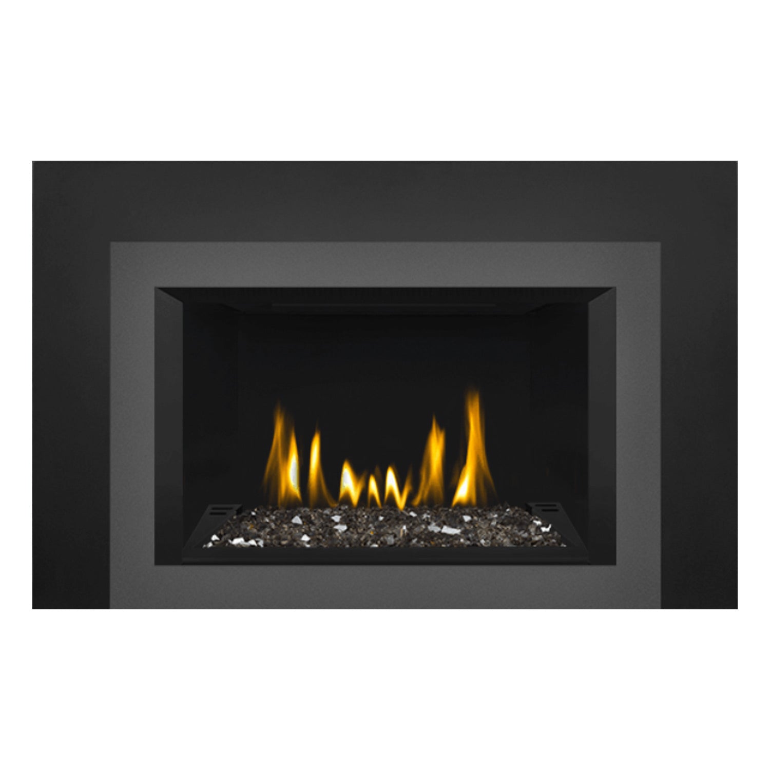 Black direct vent gas fireplace insert with flame display and glass ember bed