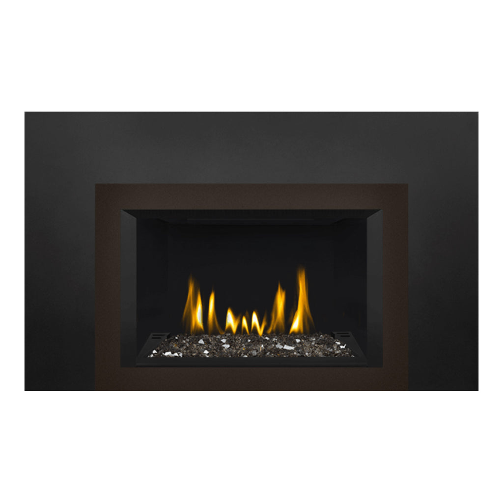 Direct vent gas fireplace insert displaying glass ember bed and yellow-orange flames, black frame