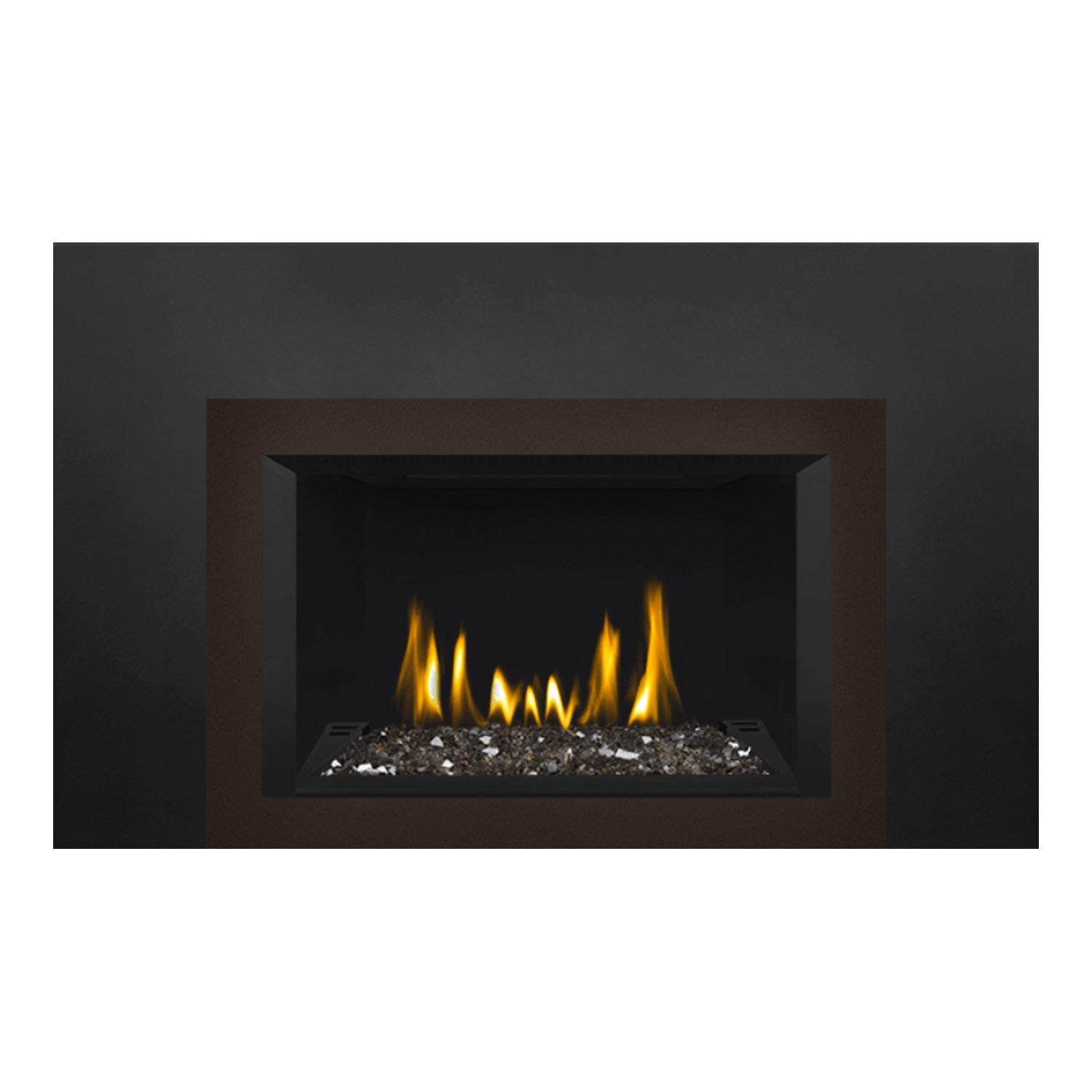 Direct vent gas fireplace insert displaying glass ember bed and yellow-orange flames, black frame