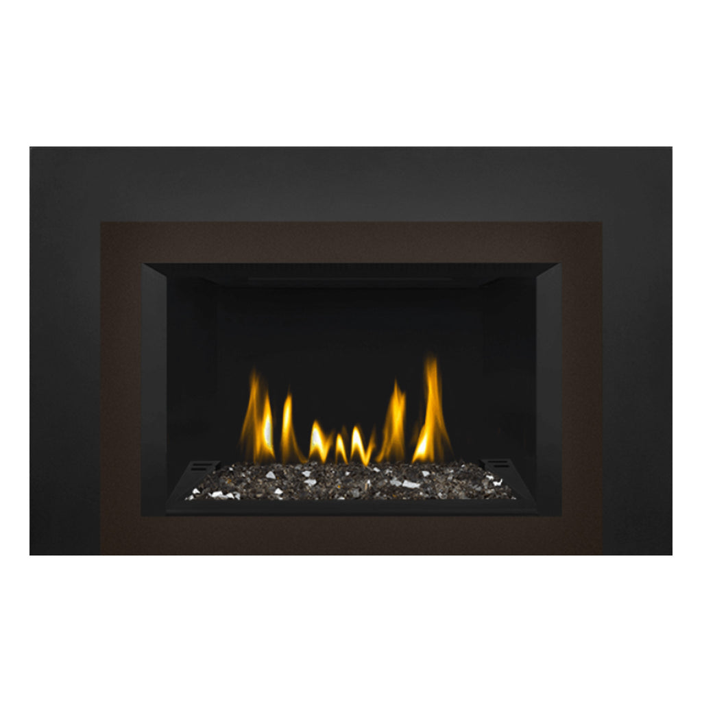 Direct vent gas fireplace insert with glass ember bed and yellow flames, black surround