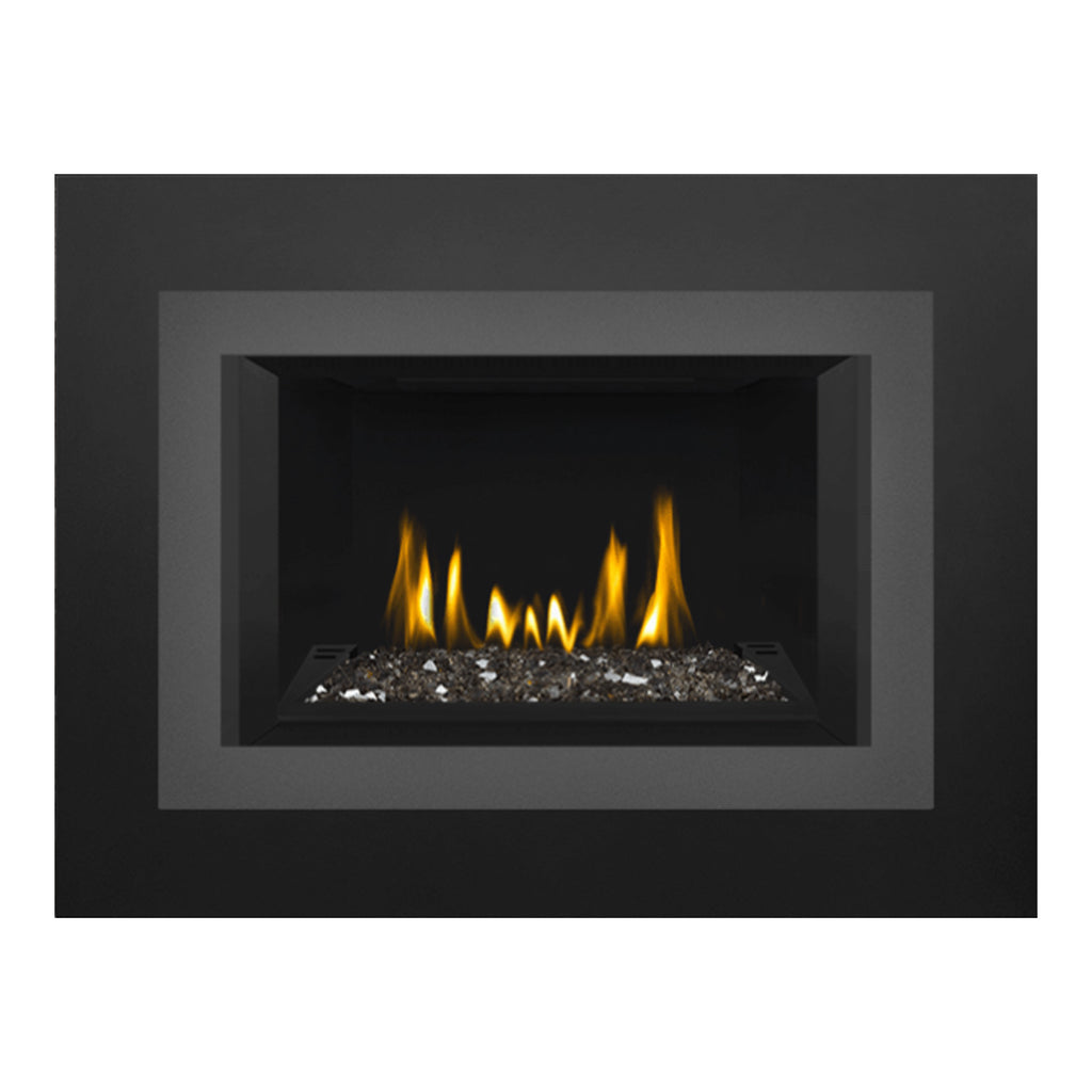Black direct vent gas fireplace insert with glass ember bed and burning flames