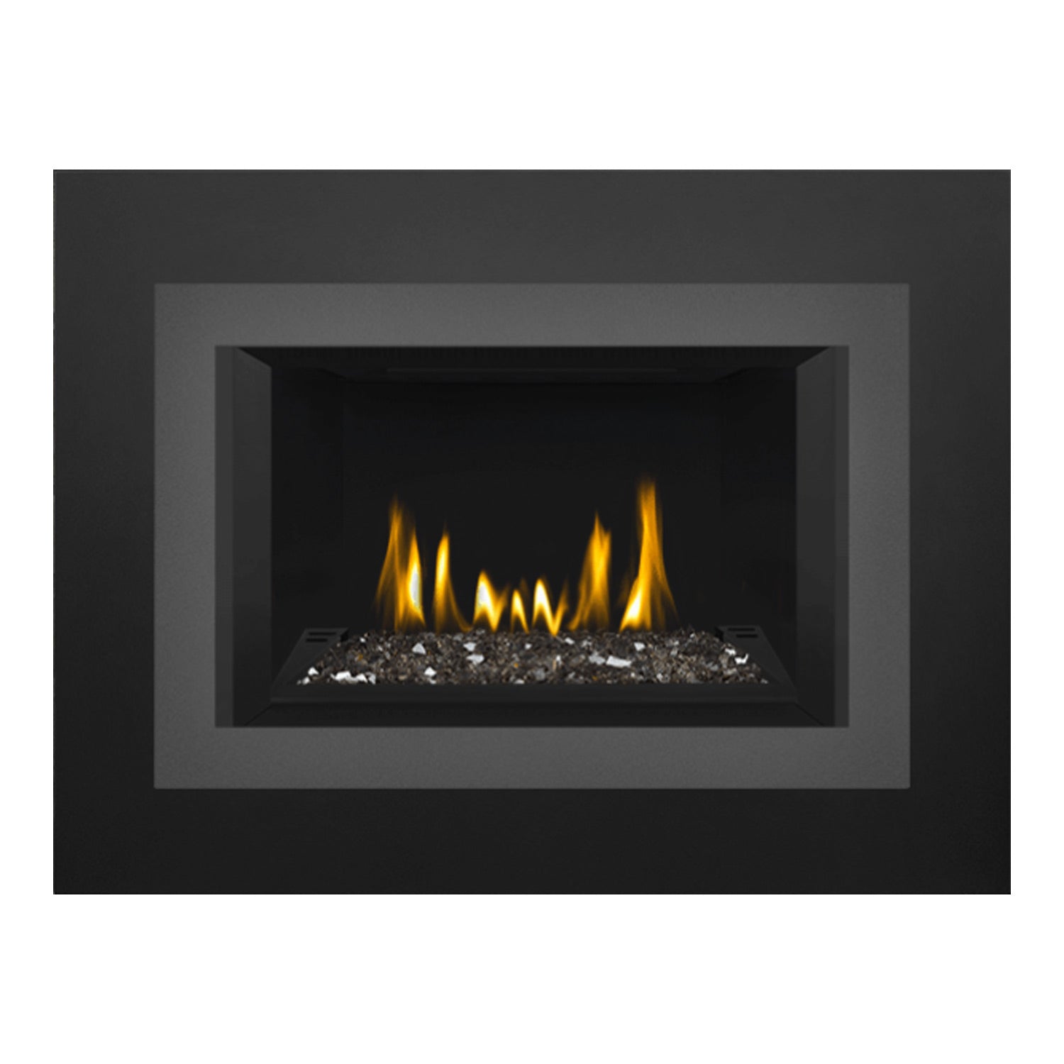 Black direct vent gas fireplace insert with glass ember bed and burning flames