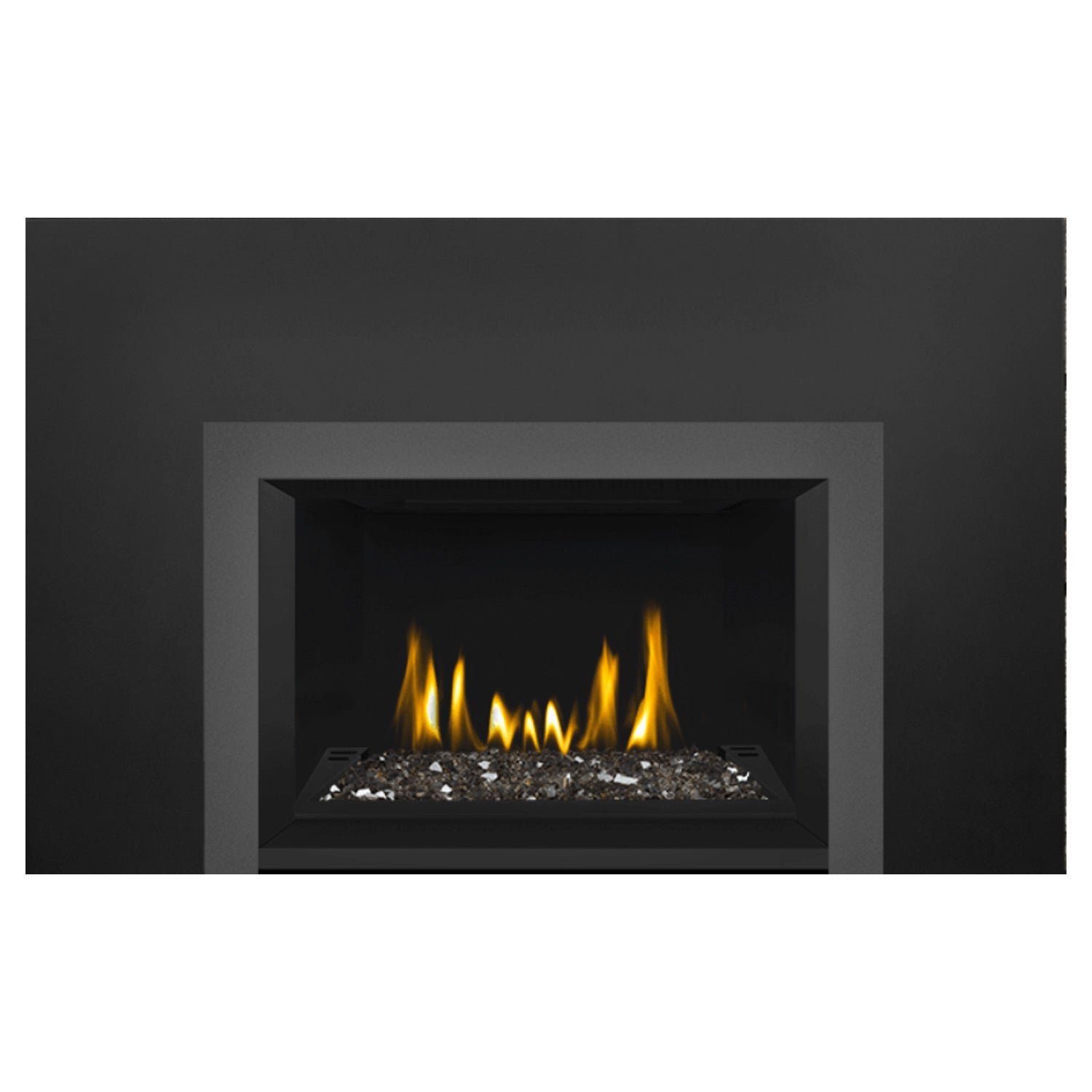 Direct vent gas fireplace insert with glass ember bed glowing under visible yellow flames, black