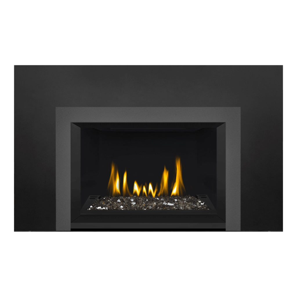 Direct vent gas fireplace insert with glass ember bed and yellow-orange flames, black frame