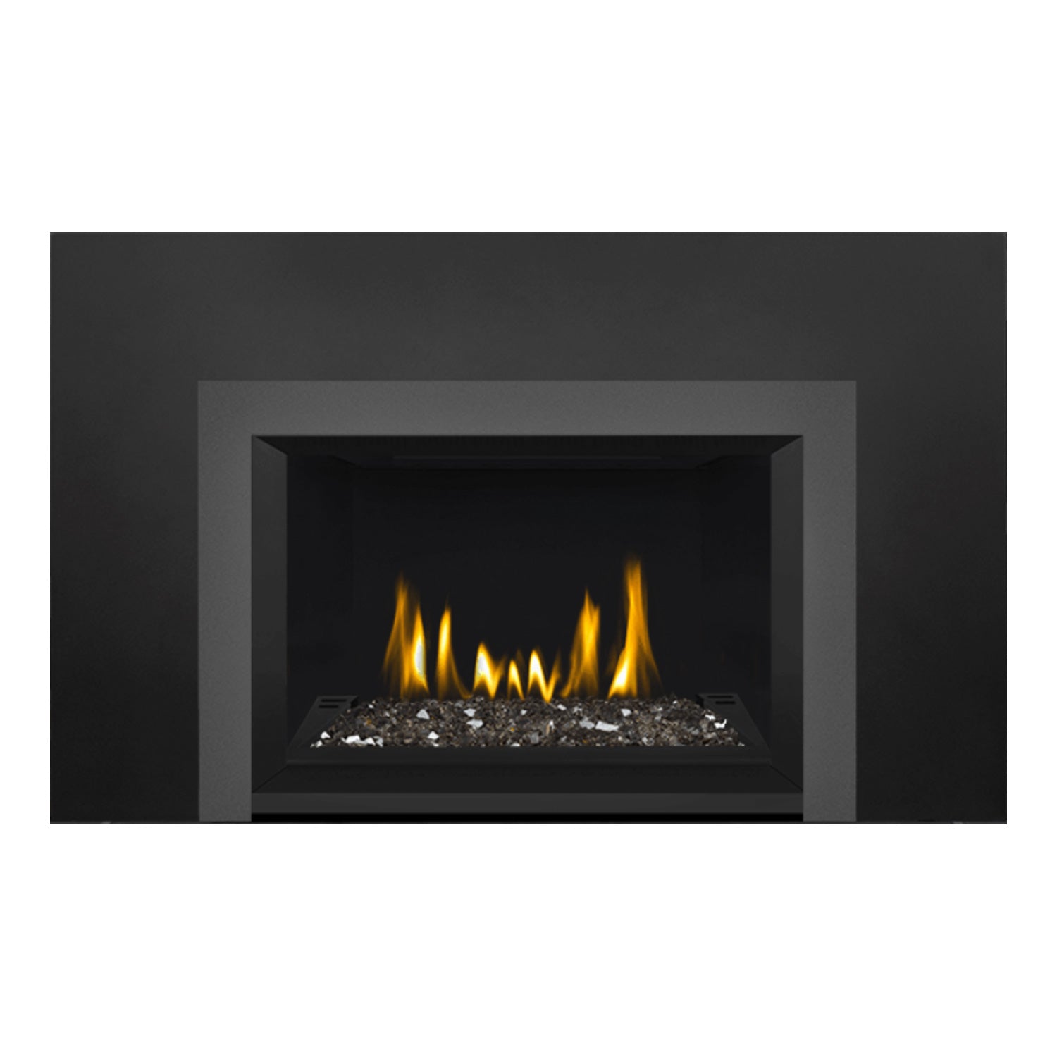 Direct vent gas fireplace insert with glass ember bed and yellow-orange flames, black frame