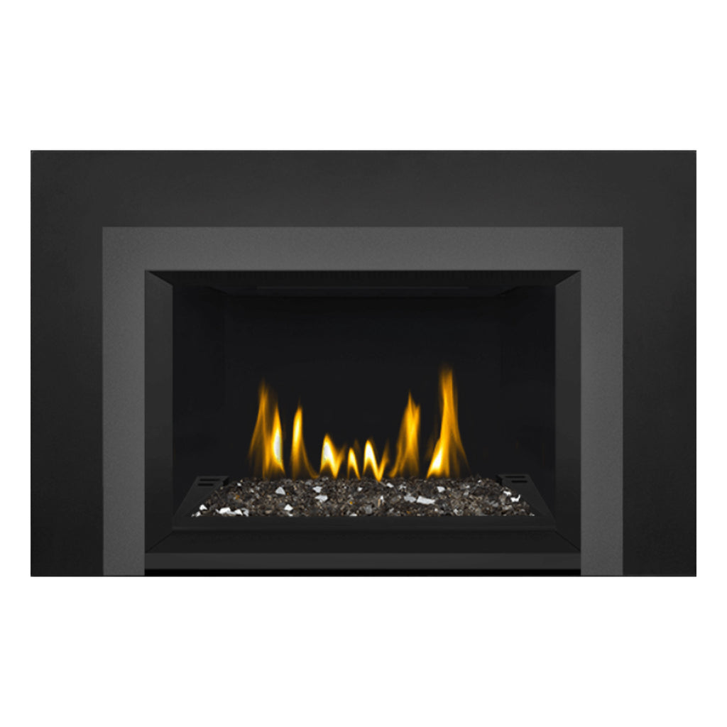 Direct vent gas fireplace insert with glass ember bed and glowing flames, gray surround