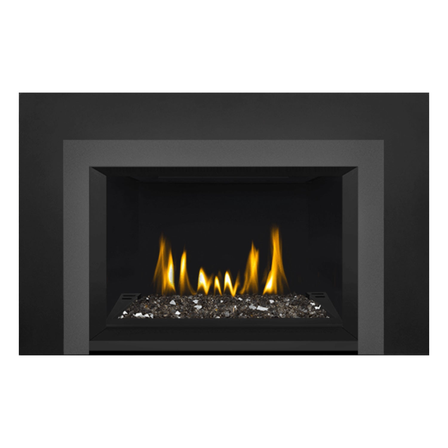 Direct vent gas fireplace insert with glass ember bed and glowing flames, gray surround