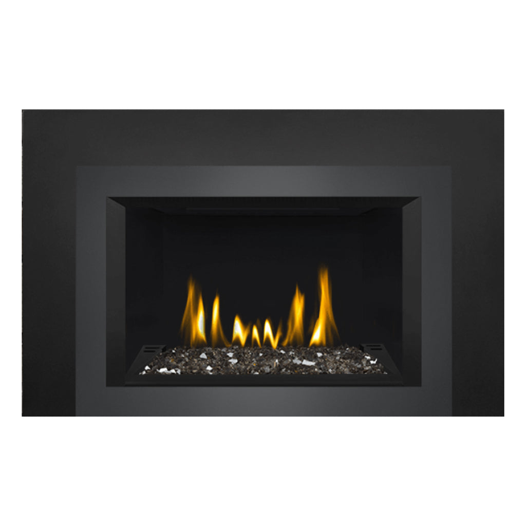 Black direct vent gas fireplace insert with glass ember bed and yellow-orange flames