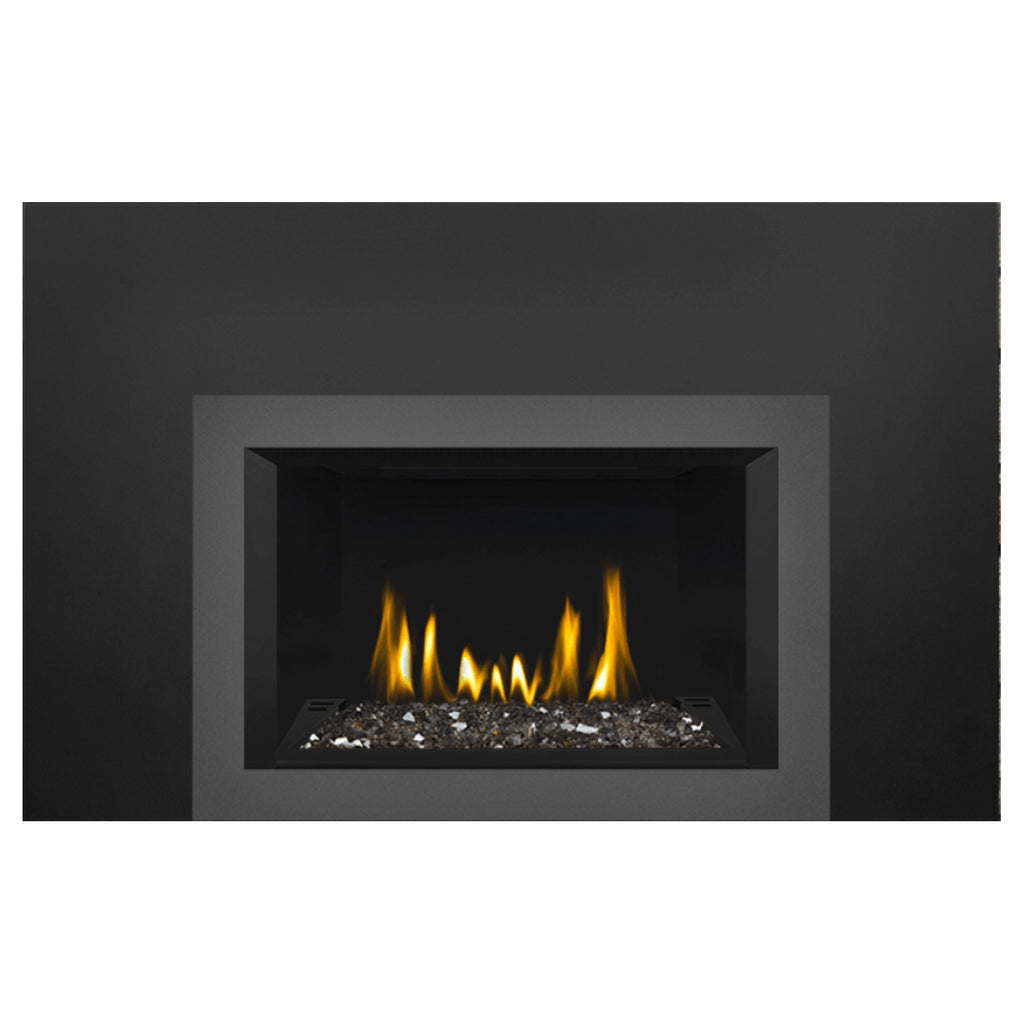 Black direct vent gas fireplace insert with visible glass ember bed and flames