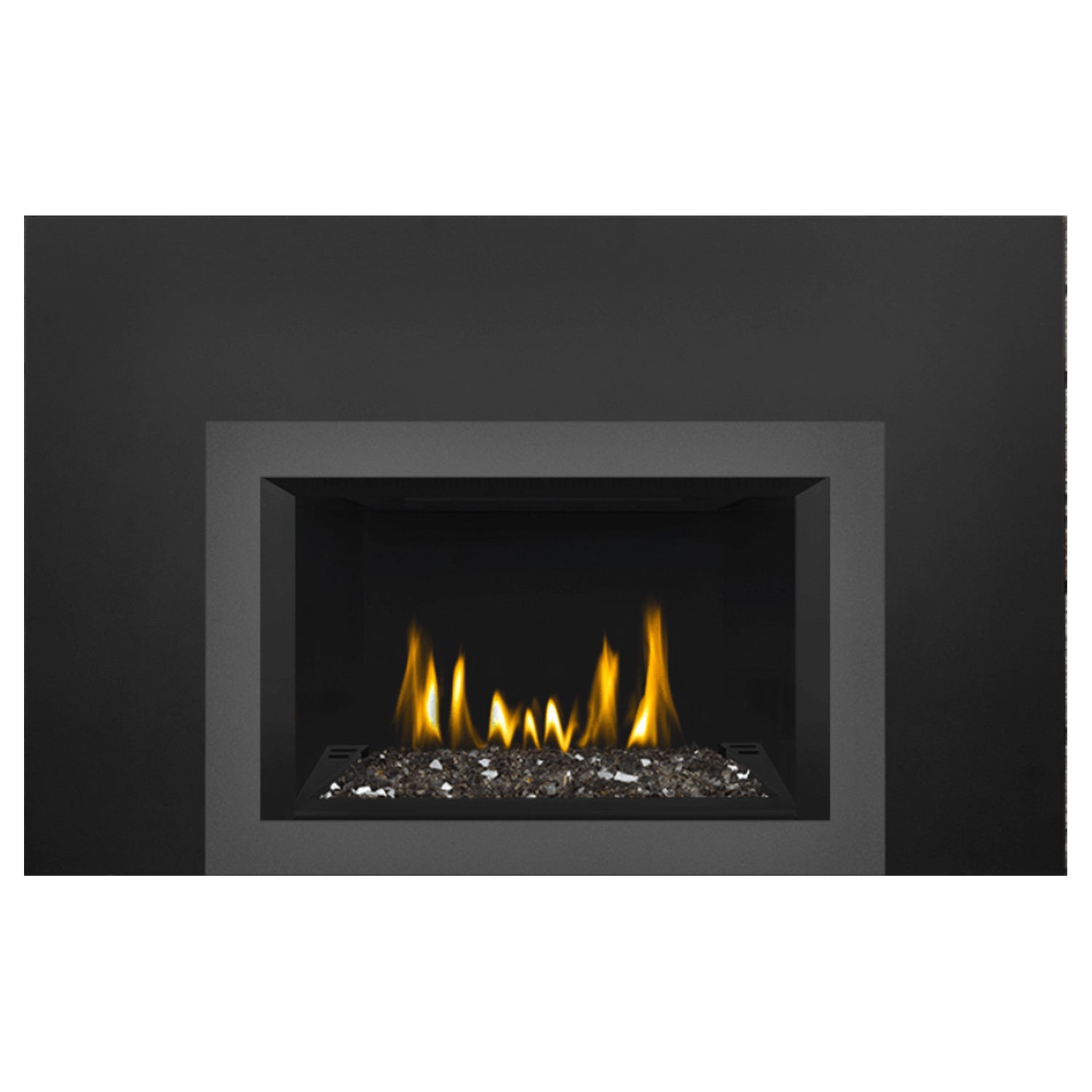 Black direct vent gas fireplace insert with visible glass ember bed and flames