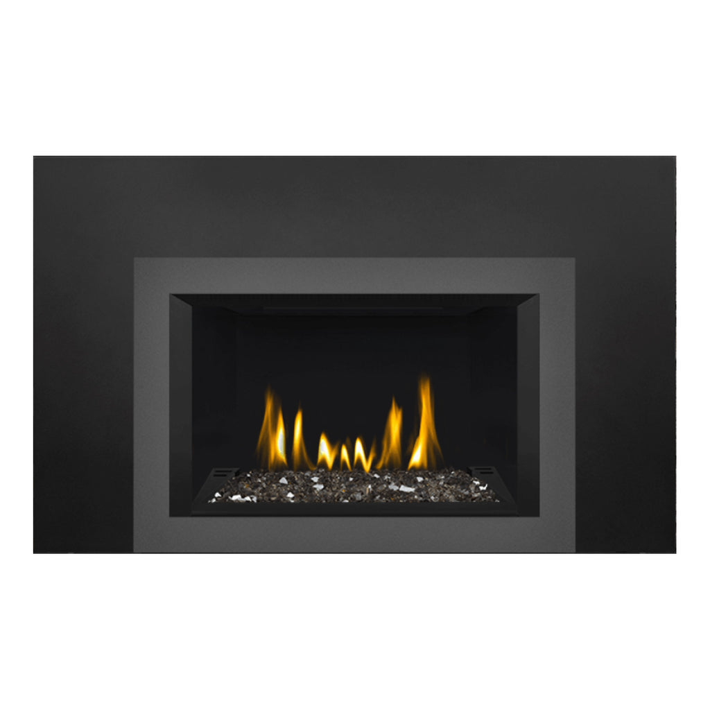 Black direct vent gas fireplace insert showing burning flames over glass ember bed
