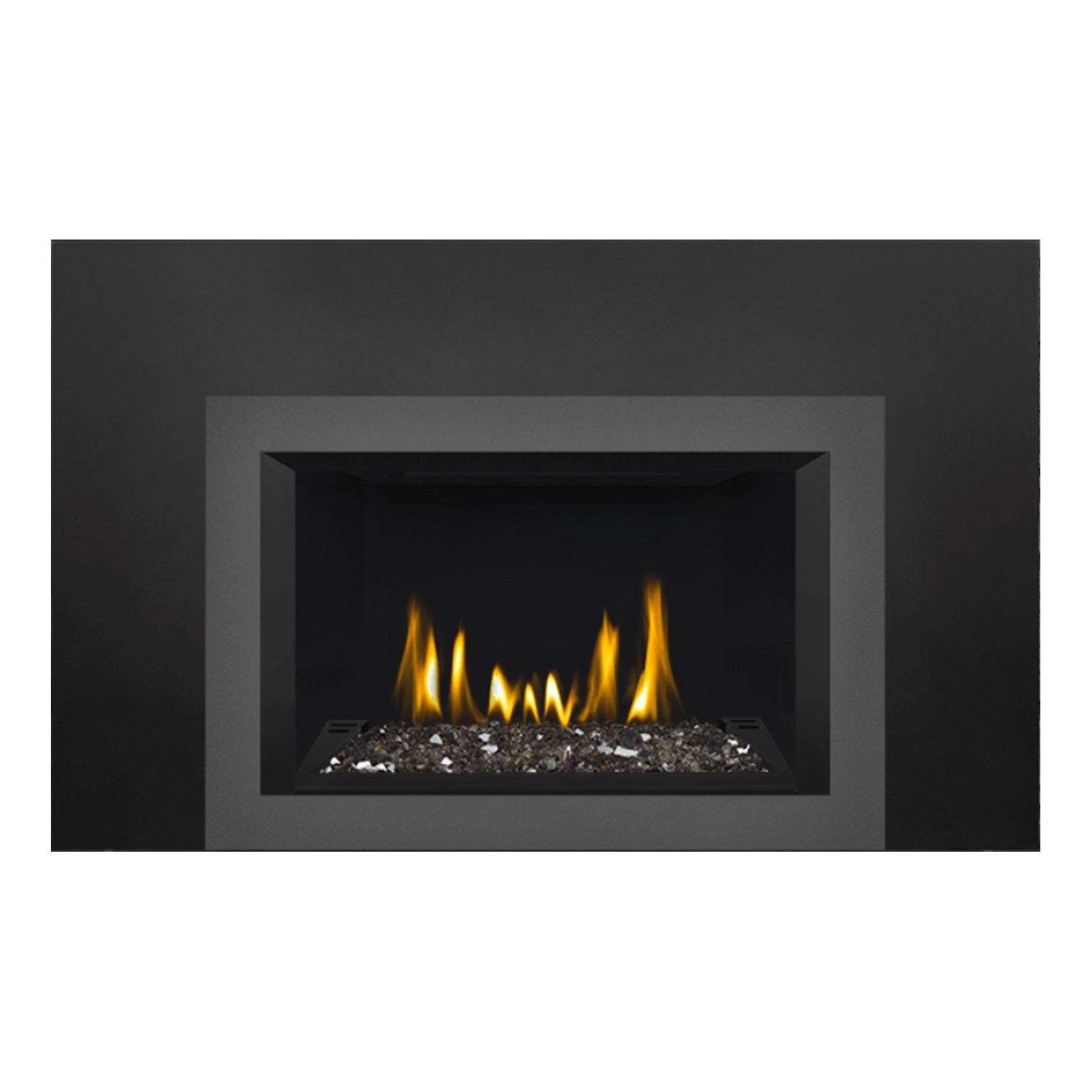 Black direct vent gas fireplace insert showing burning flames over glass ember bed