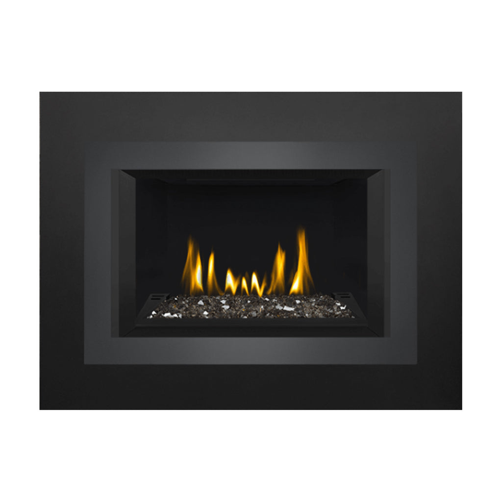 Black direct vent gas fireplace insert with flame display and glass ember bed
