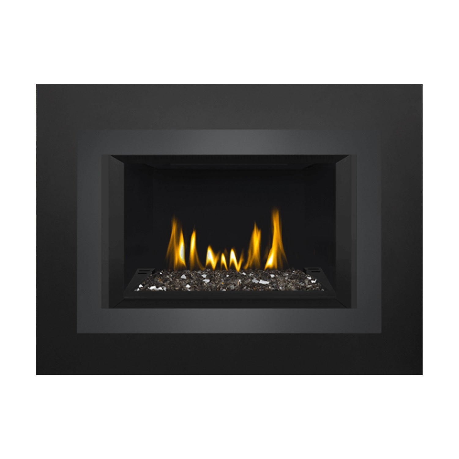 Black direct vent gas fireplace insert with flame display and glass ember bed