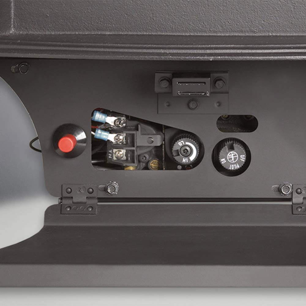 Direct vent gas stove control panel with knobs and burner settings