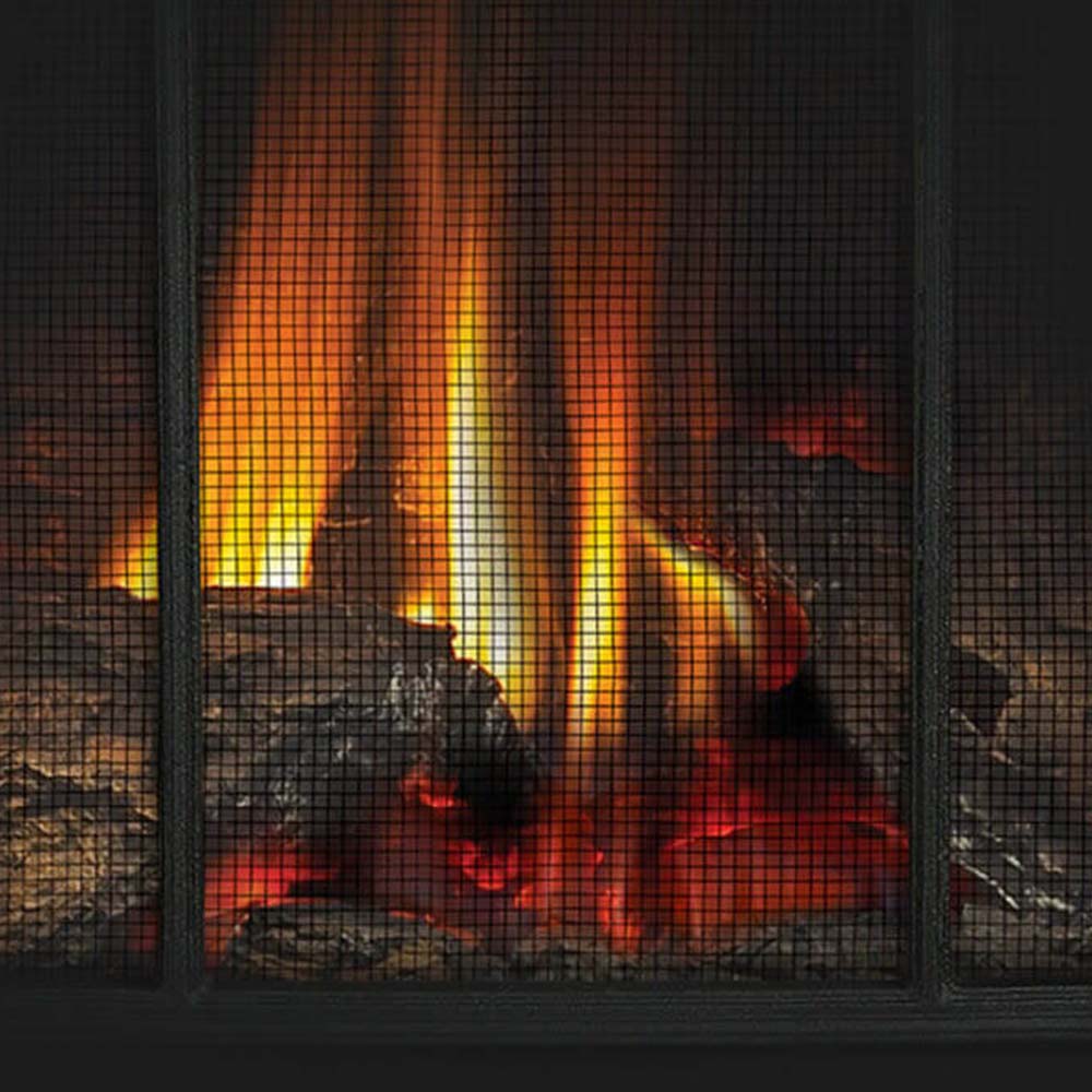 Stove firebox view through mesh glass with glowing embers and flames