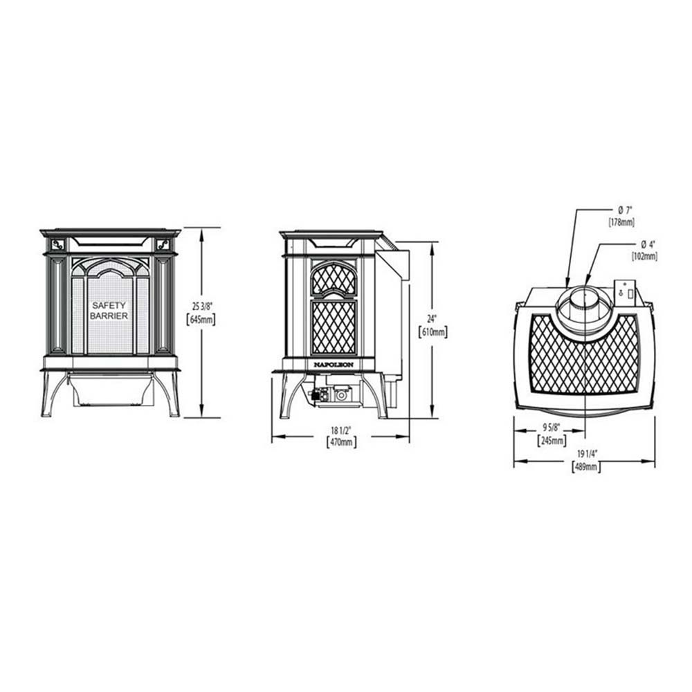 Technical line drawing of direct vent stove with dimensions and vent layout