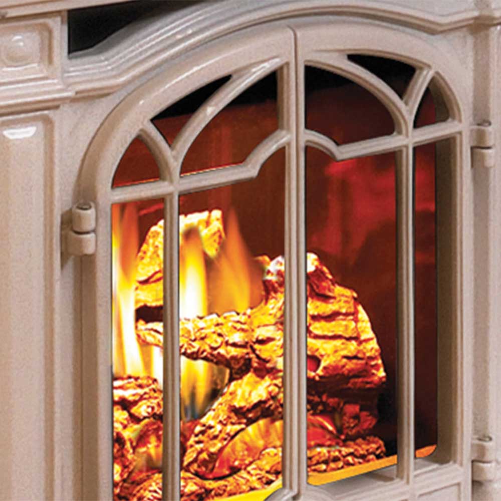 Direct vent gas stove glass door with visible flames and glowing logs