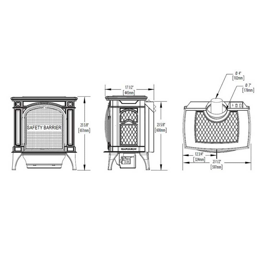 Line drawing of cast iron gas stove showing side and front dimensions