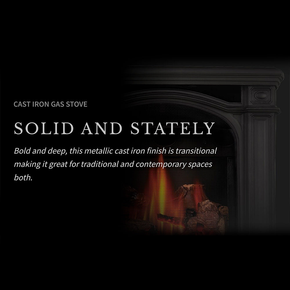 Cast iron gas stove front with open firebox and glowing flames behind glass