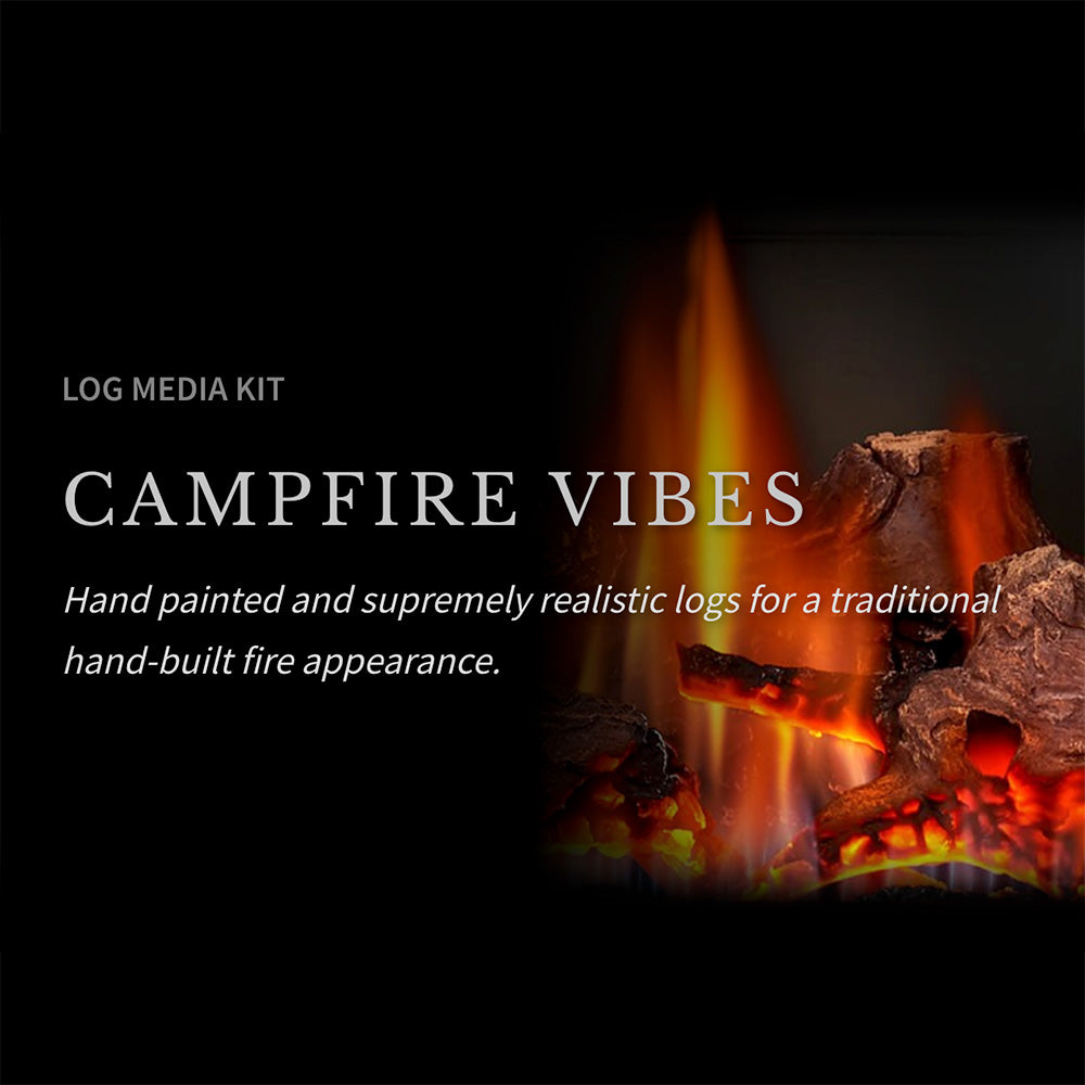 Gas stove log media kit graphic with glowing campfire flames and stacked logs
