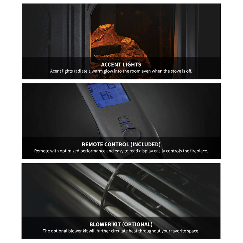 Gas stove features graphic with accent lights, remote control, and optional blower