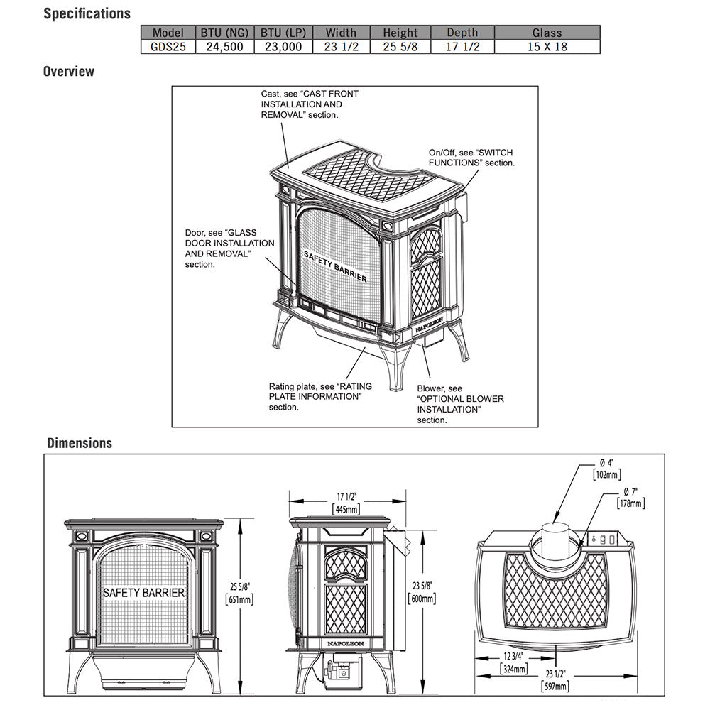 Gas stove specifications diagram with model table, dimensions, and parts overview