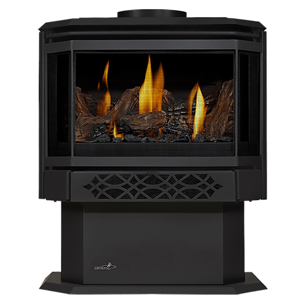 Black direct vent gas stove with glass front and burning log flames inside
