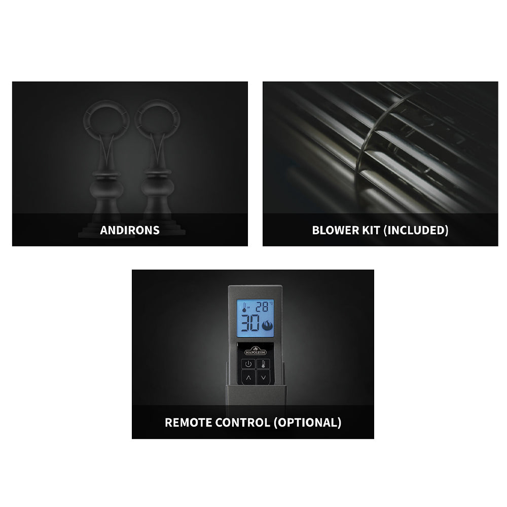 Gas stove accessory set: andirons, included blower kit, optional remote control