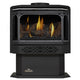 Black direct vent gas stove with silver-trimmed side panels, Napoleon logo, and flames