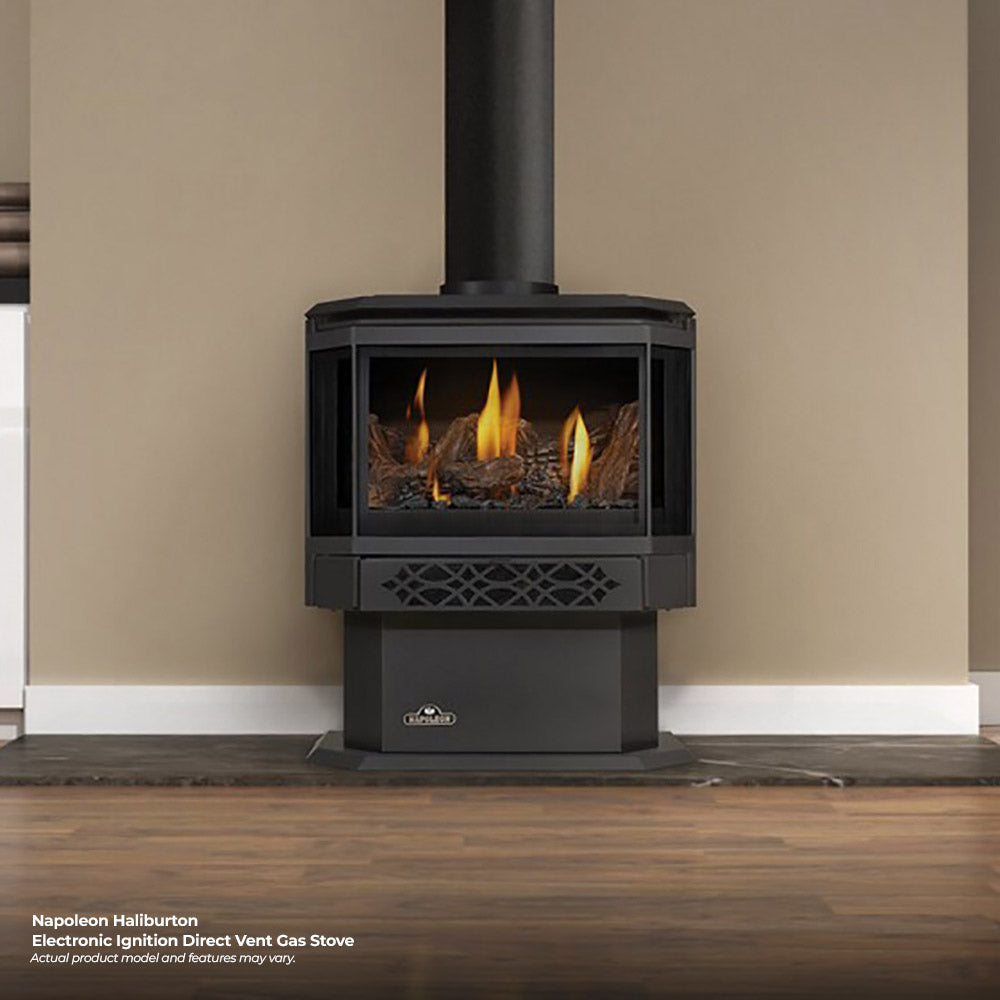 Black direct vent gas stove with glass front, burning logs, and vertical vent pipe