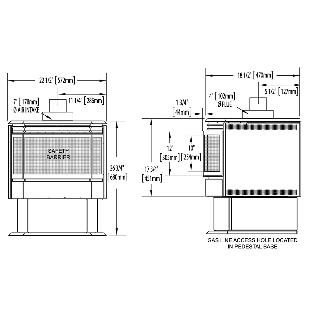 Gas stove dimension diagram showing safety barrier, vent pipe, and base access hole