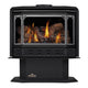 Black direct-vent gas stove with glass doors and visible burner flames