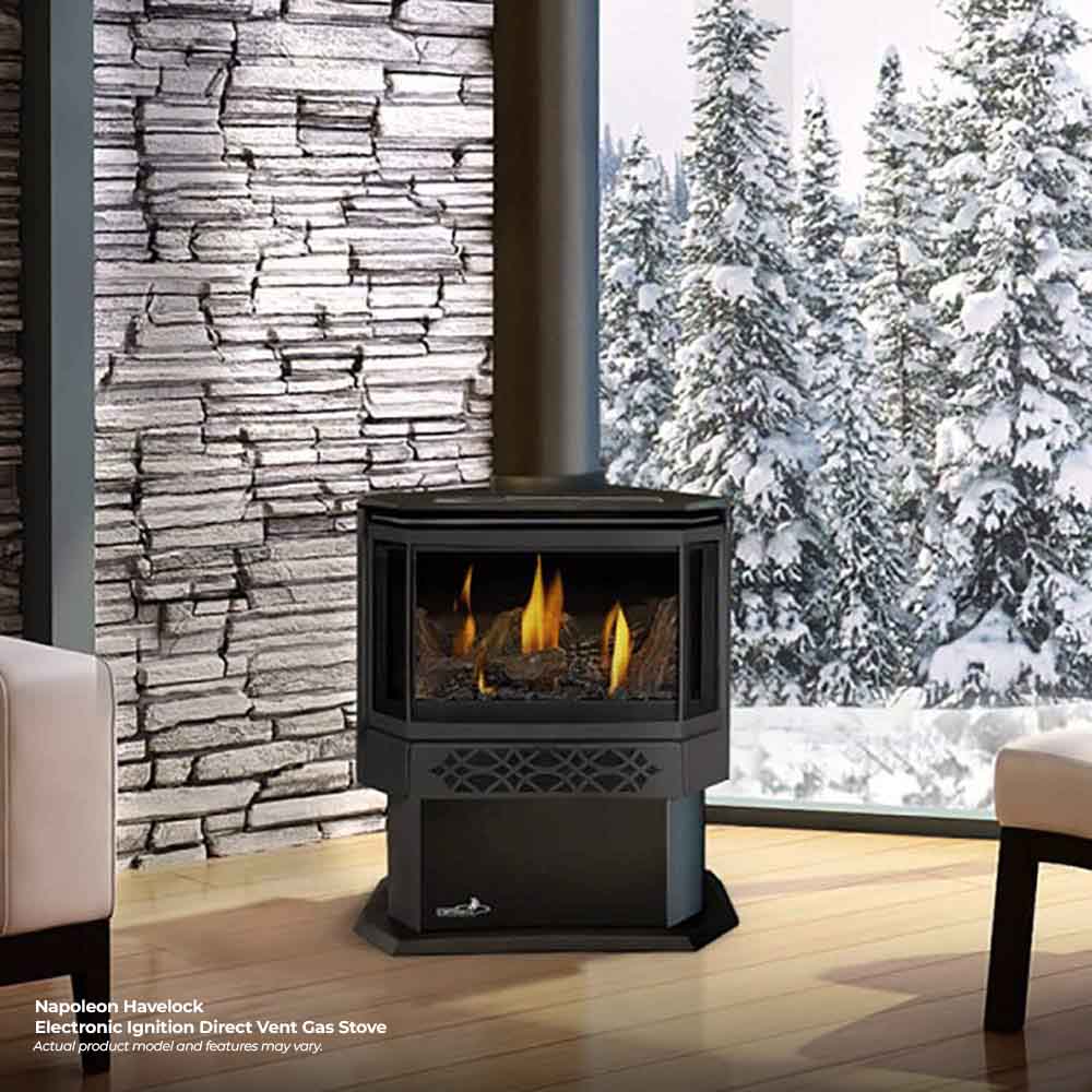Black direct-vent gas stove with decorative door grilles and burning log flames in the window.