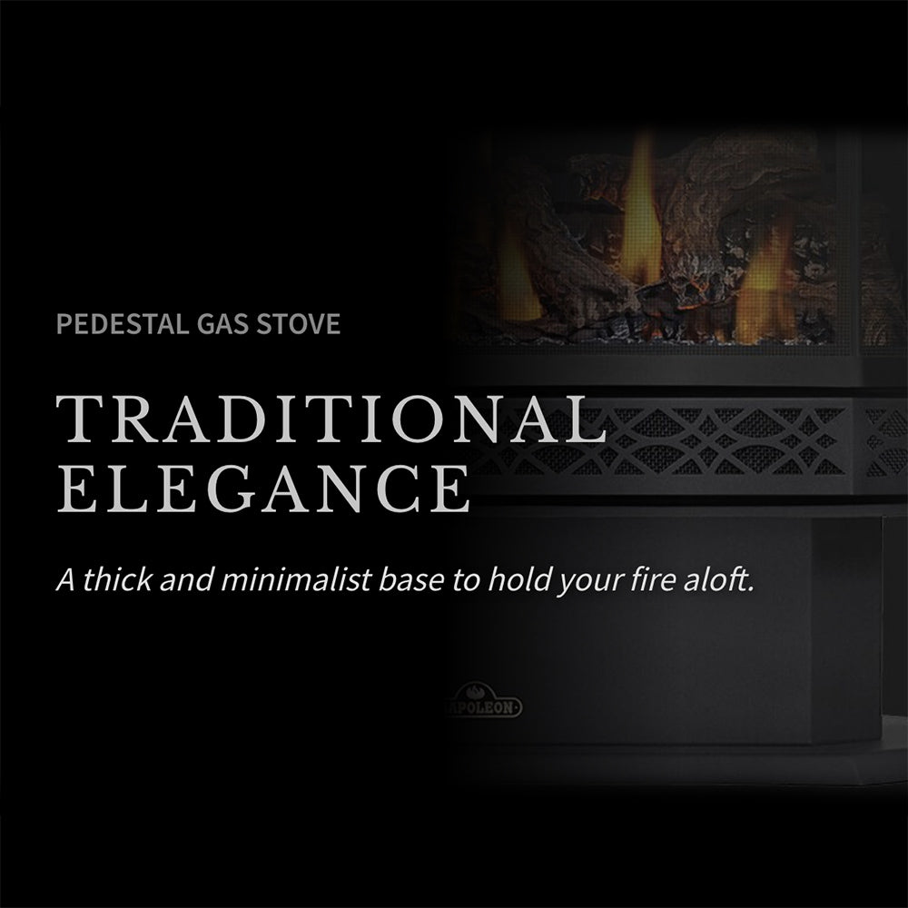 Pedestal gas stove with decorative front grille and glowing log flames behind the glass door.