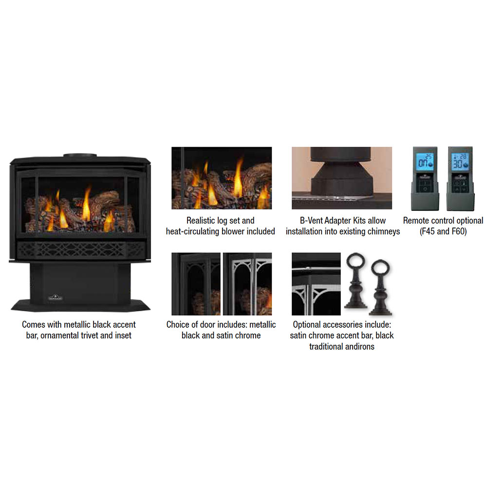 Direct-vent gas stove with remote-control device and accessory icons shown beside it.