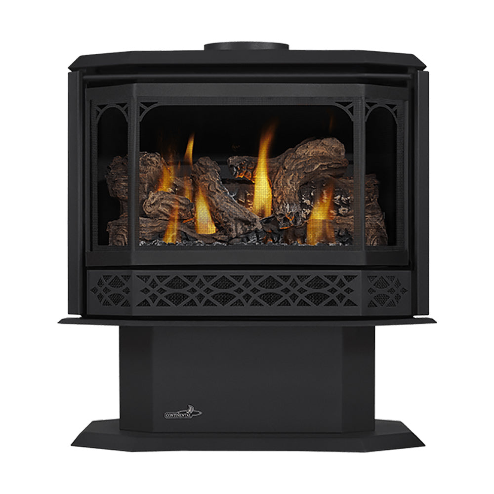 Black direct vent gas stove on pedestal with front firebox and glowing flames