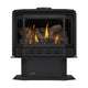 Black direct vent gas stove on pedestal with front firebox and glowing flames