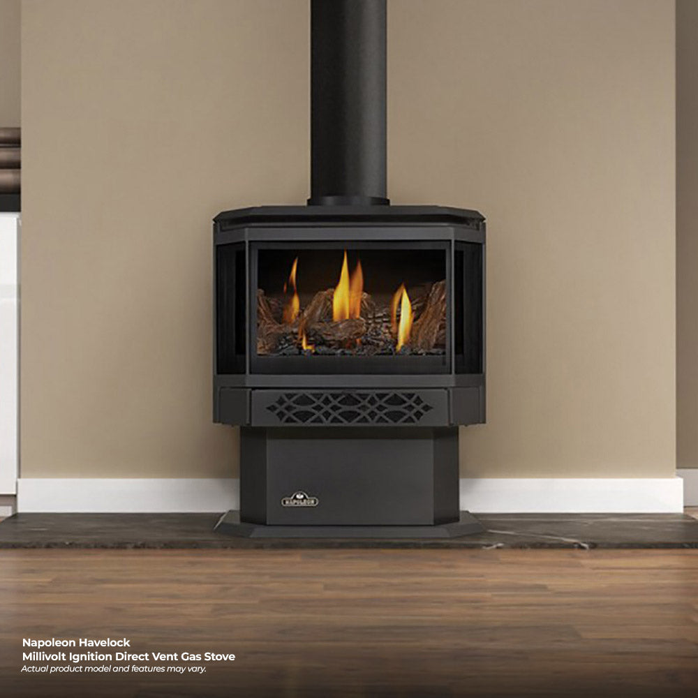 Black pedestal direct vent gas stove with glass-front firebox and flickering flames