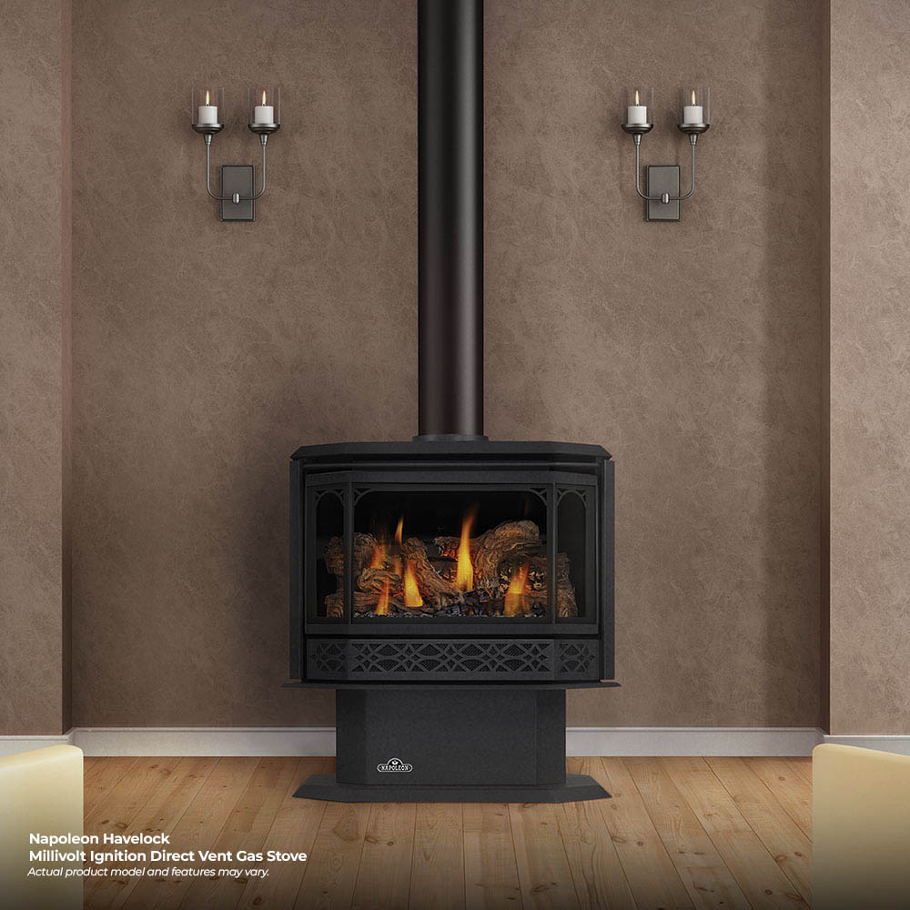 Black direct vent gas stove on pedestal base with flames visible behind glass