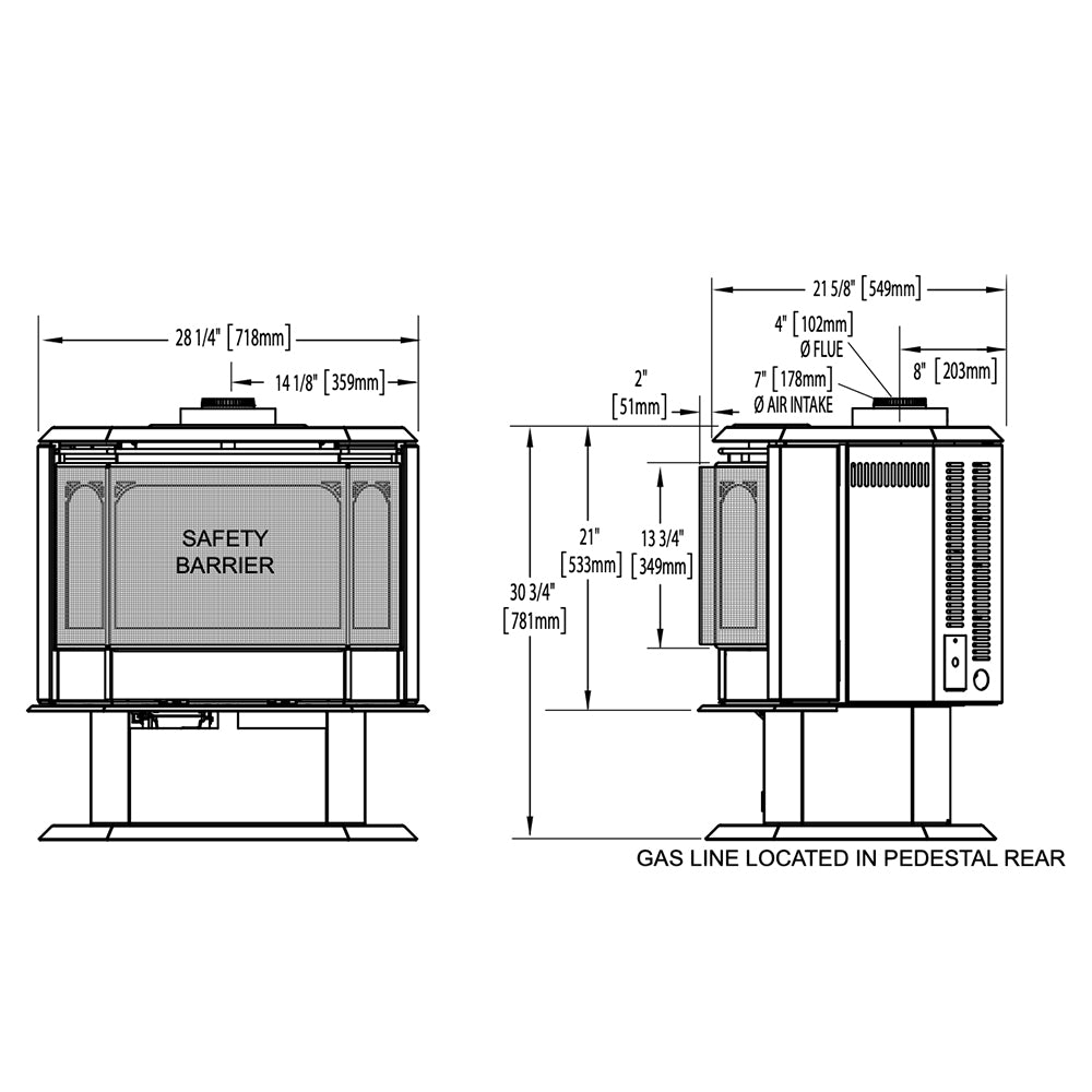 Gas stove dimension diagram showing front and side views with pedestal base
