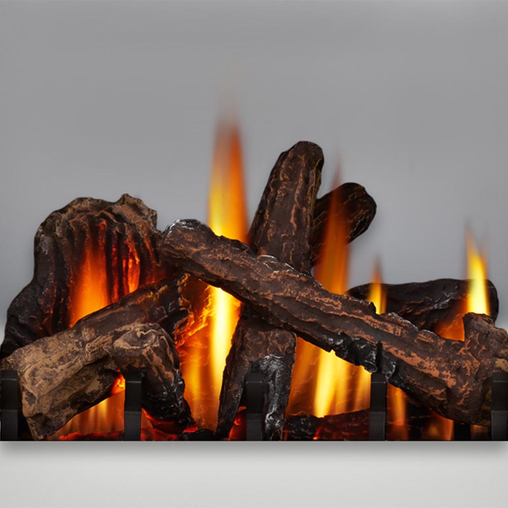 Close-up of glowing fire logs inside a black gas stove