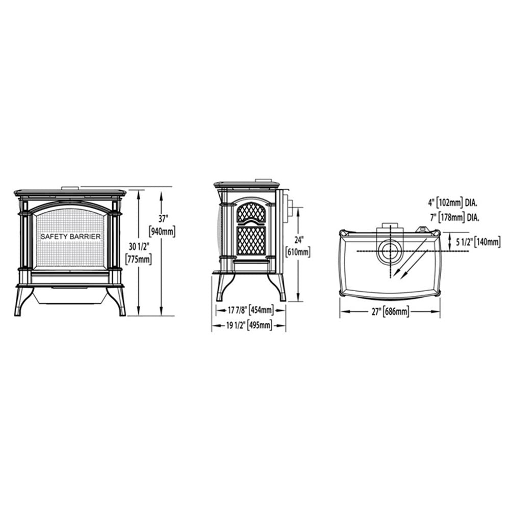 Direct vent gas stove dimension diagram with safety barrier and side views