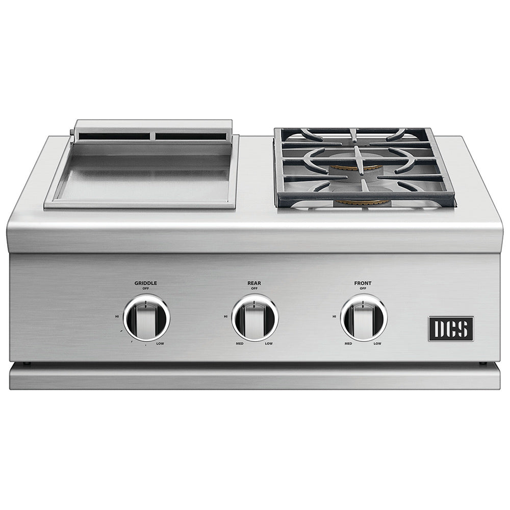 Stainless built-in grill with griddle and burners, three knobs and DCS logo