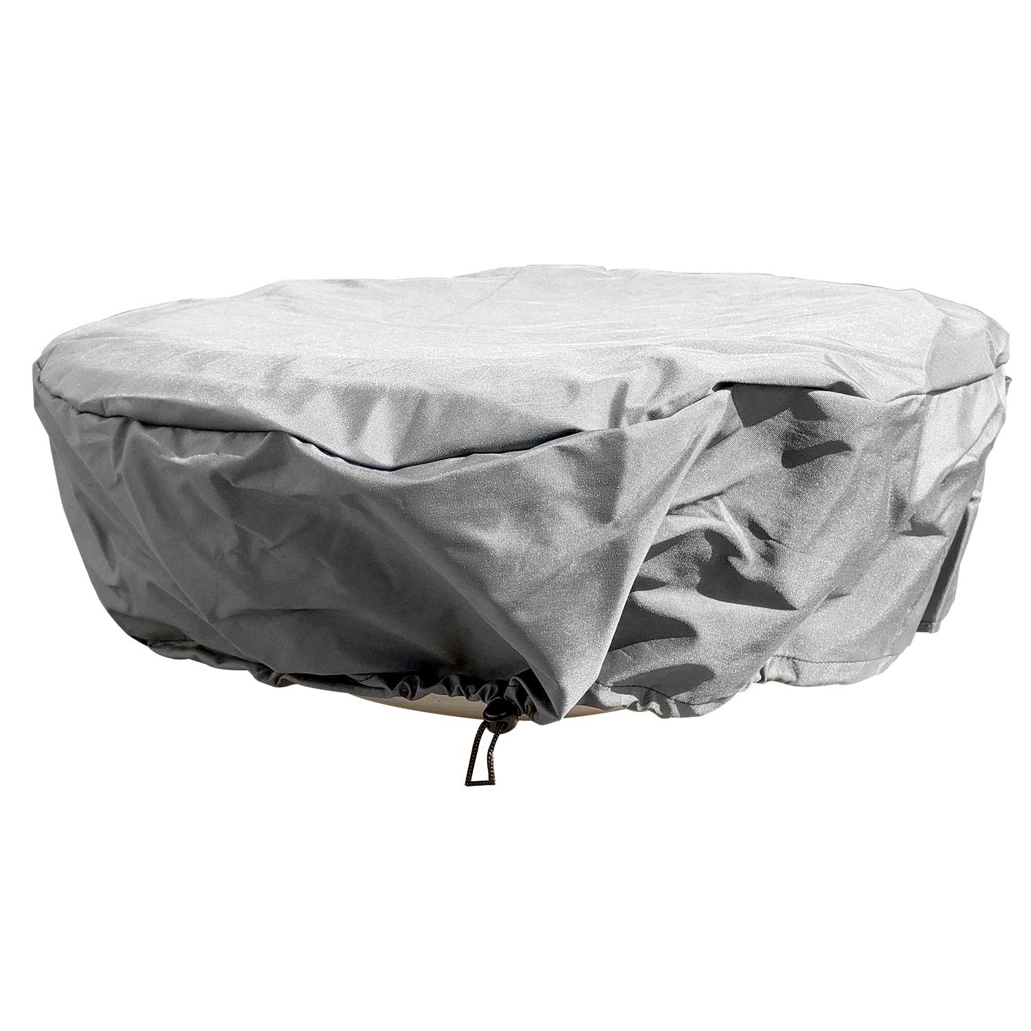 Round polyester fire pit cover with drawstring hem, light gray