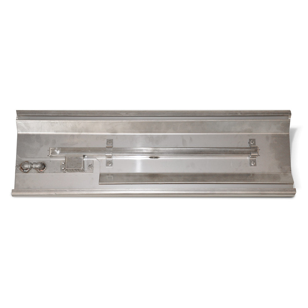 Stainless steel linear outer mount gas fire pit burner base plate with mounting tabs